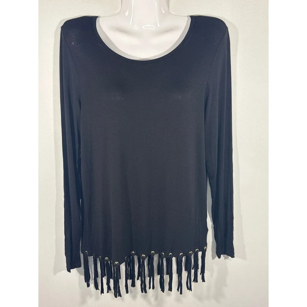 Michael Kors‎ Womens Black Fringe Grommet Long Sleeve Top Scoop Neck Small
